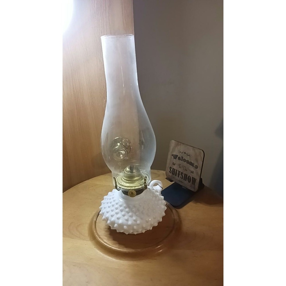 97. Vtg Fenton Hobnail milk glass oil lamp